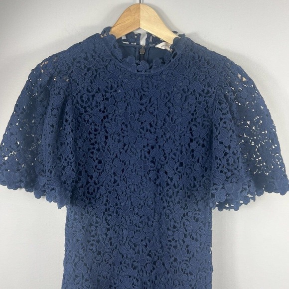 Rebecca Taylor Navy Crochet Lace Dress Size 2 Flutter Sleeve Cocktail - Picture 2 of 11